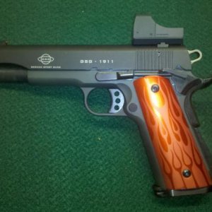 GSG, current incarnation, Hogue Extreme grips, Primary Arms green reflex.