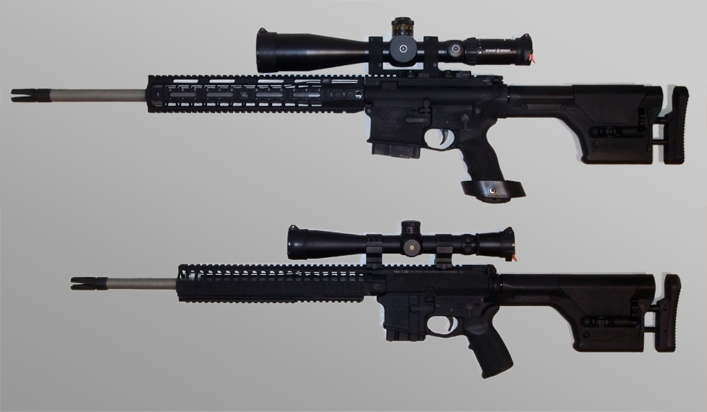 Here is a photo of an AR-10 on top and an AR-15 on bottom. 