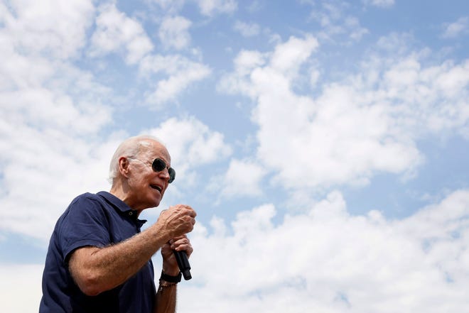 Democratic presidential candidate former Vice President Joe Biden speaks at the Des Moines Register Soapbox during a visit to the Iowa State Fair, Thursday, Aug. 8, 2019, in Des Moines, Iowa.